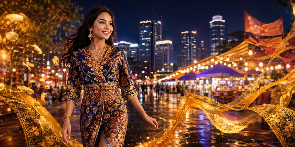 Suasana malam hari di pasar malam dengan promosi bonus rebate yang menarik