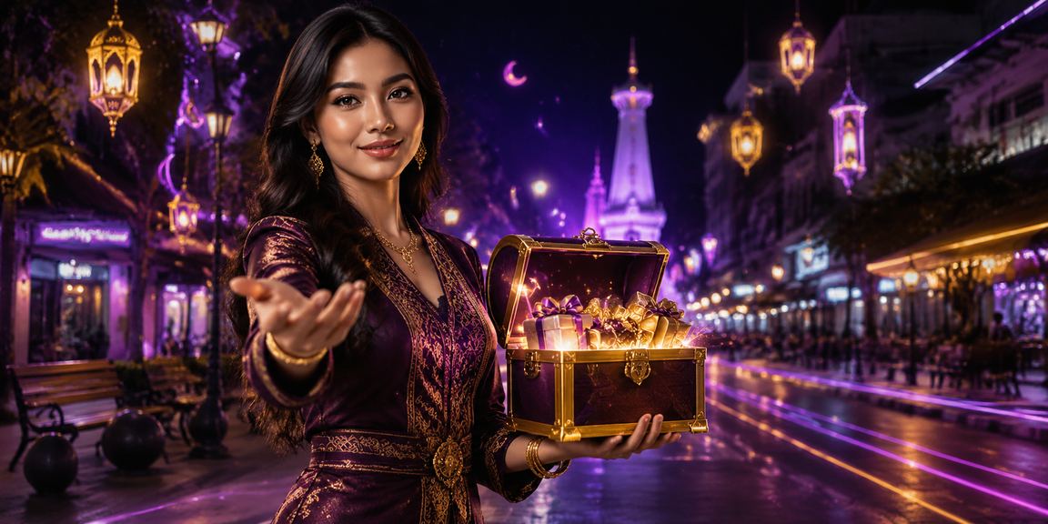 Papan neon mewah bertuliskan VIP bonus di ruang kasino eksklusif malam hari