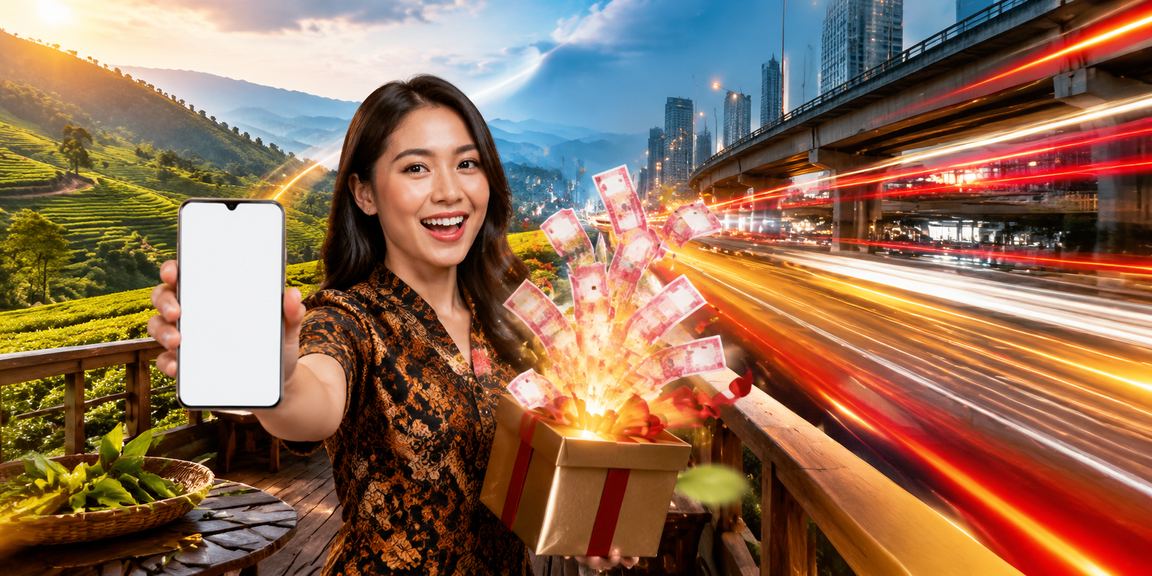 Model menggunakan ponsel untuk bermain casino mobile dengan tampilan antarmuka modern