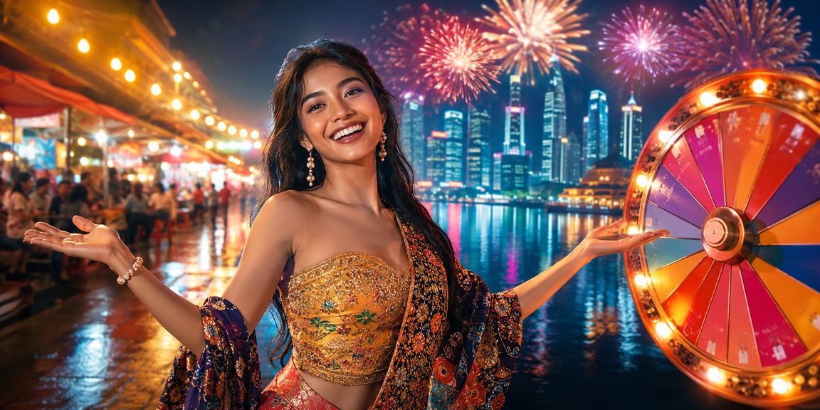 Suasana lucky draw malam hari di pasar malam dengan kerumunan peserta antusias